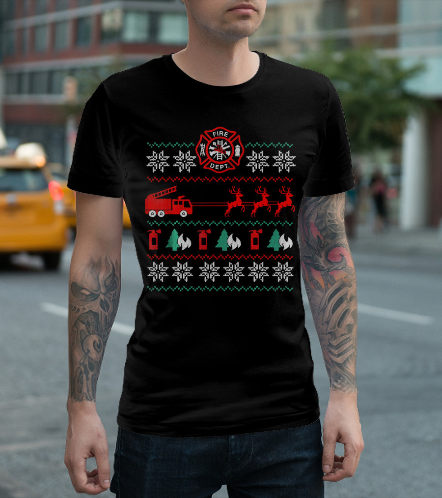 Fire Department Holiday Sweater Firetruck and Reindeer T-Shirt
