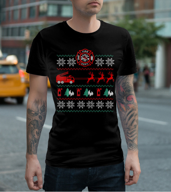 Fire Department Holiday Sweater Firetruck And Reindeer T-Shirt
