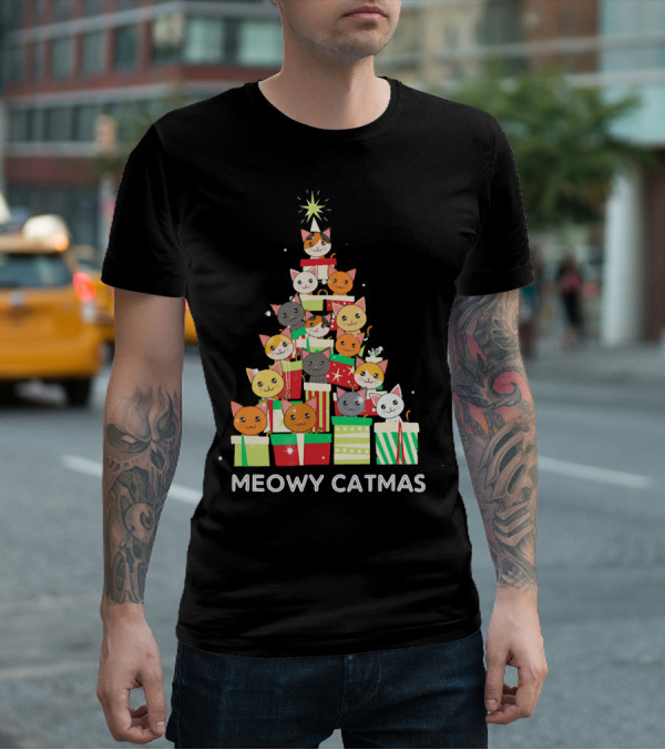 Meowy Catmas Funny Cat Christmas Tree Box T-Shirt