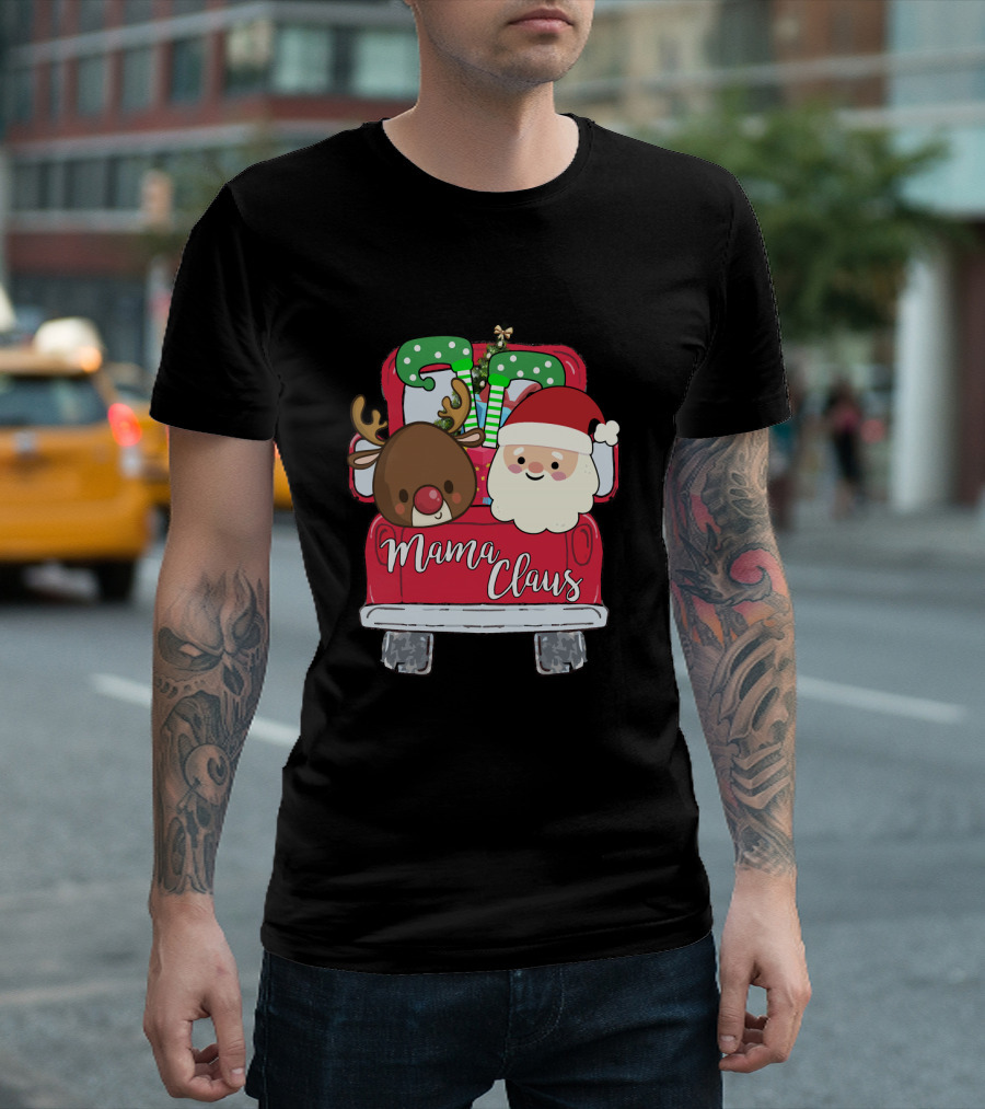 Mama Claus Funny Christmas Car With Santa And Reindeer T-Shirt
