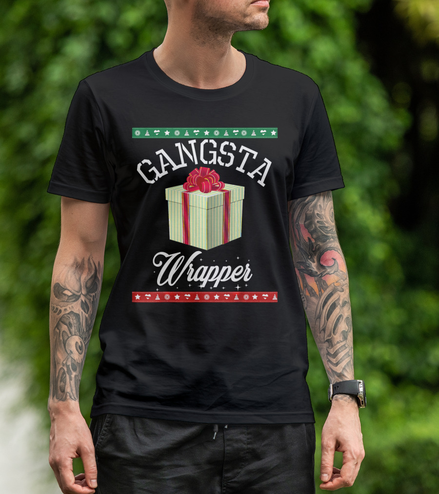 Gangsta Wrapper Funny Christmas Present With Gift Box And Festive Borders T-Shirt