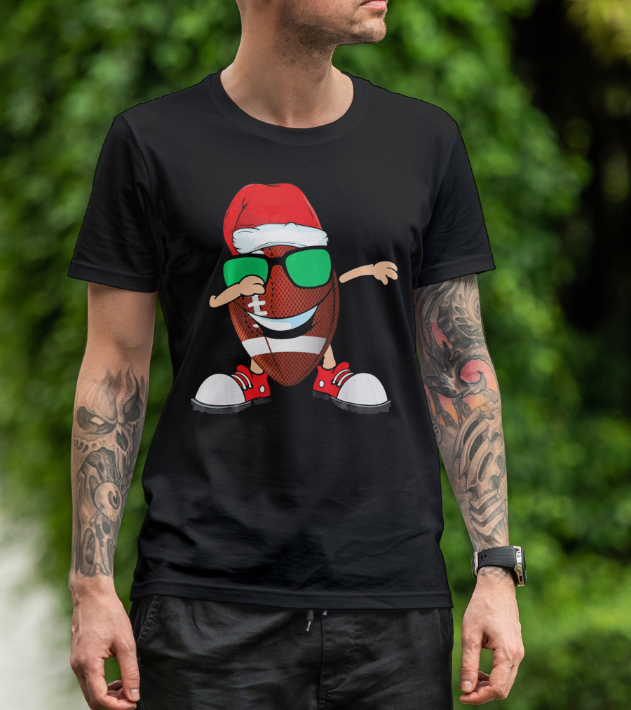 Dabbing Football Wearing Santa Hat With Green Sunglasses And Red Sneakers T-Shirt