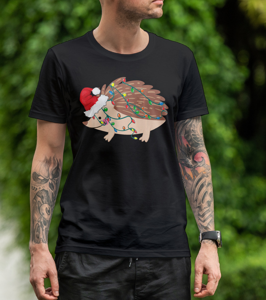 Hedgehog Christmas Lights Funny Santa Hat T-Shirt