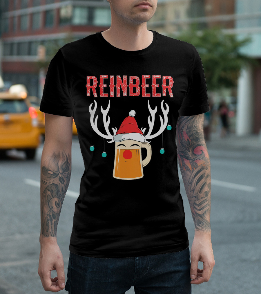 Reinbeer Christmas Antler Humor With Santa Hat Beer Mug T-Shirt