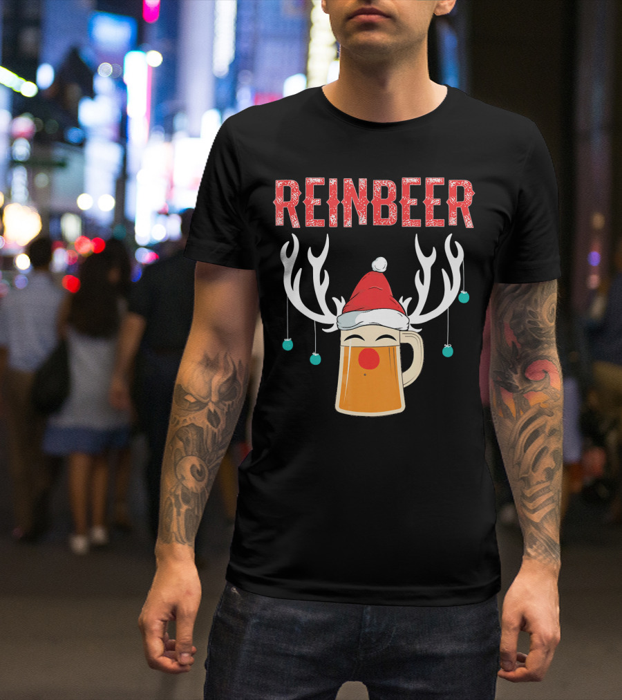 Reinbeer Christmas Antler Humor With Santa Hat Beer Mug T-Shirt