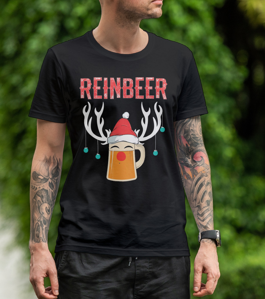 Reinbeer Christmas Antler Humor With Santa Hat Beer Mug T-Shirt
