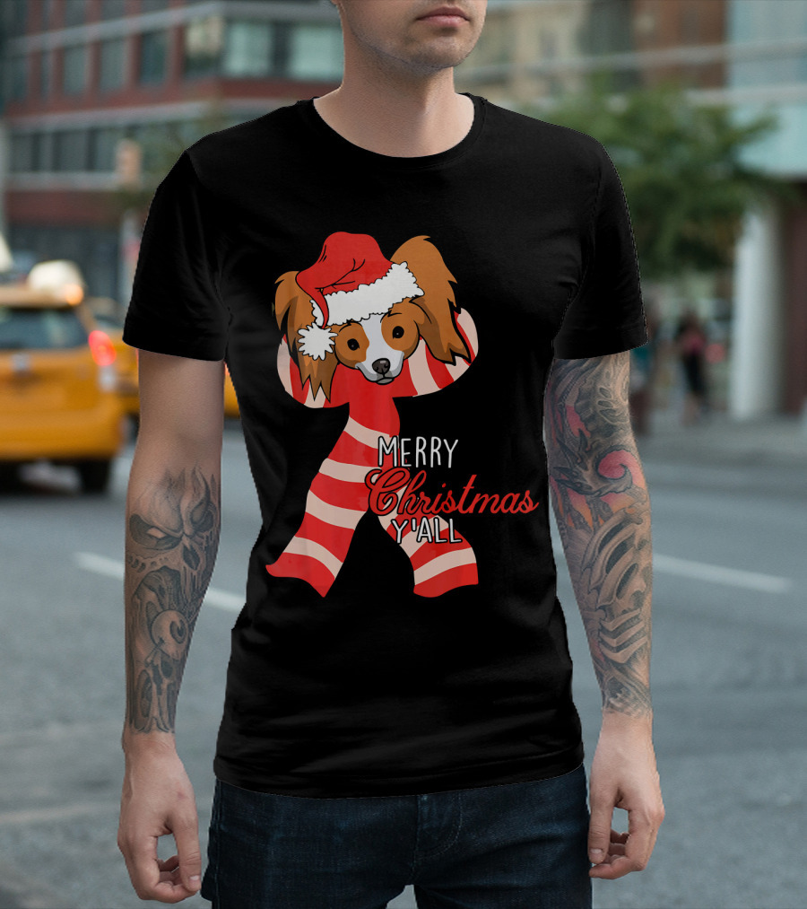 Papillon Dog Merry Christmas Y'all Santa Hat Striped T-Shirt