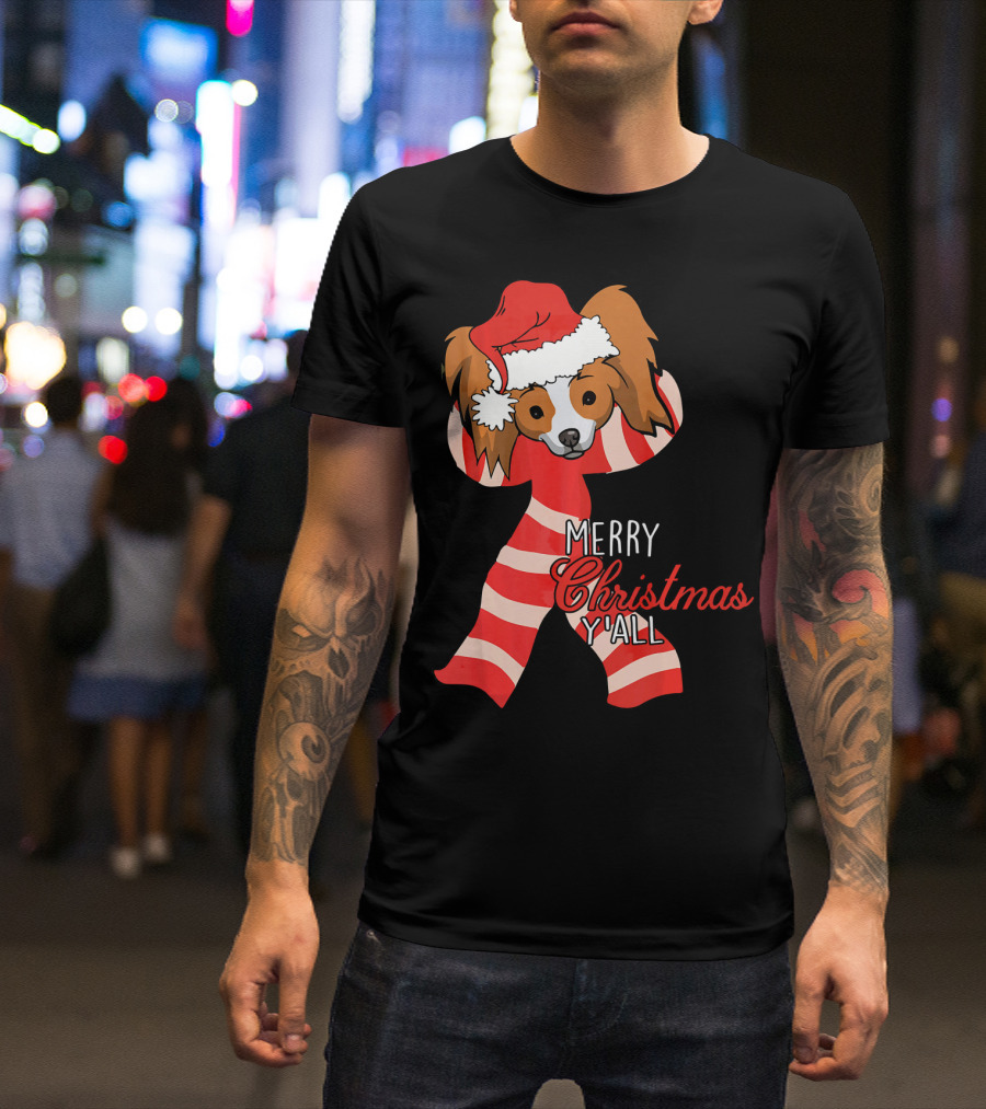 Papillon Dog Merry Christmas Y'all Santa Hat Striped T-Shirt