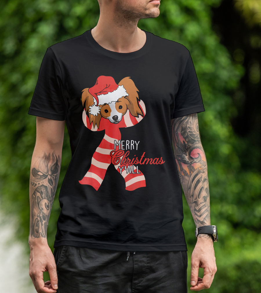 Papillon Dog Merry Christmas Y'all Santa Hat Striped T-Shirt