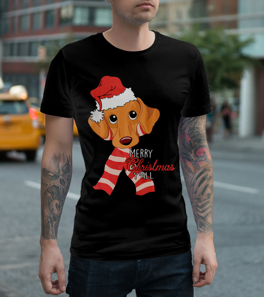 Merry Christmas Y'all Dachshund Dog Wearing Santa Hat And Striped Scarf T-Shirt