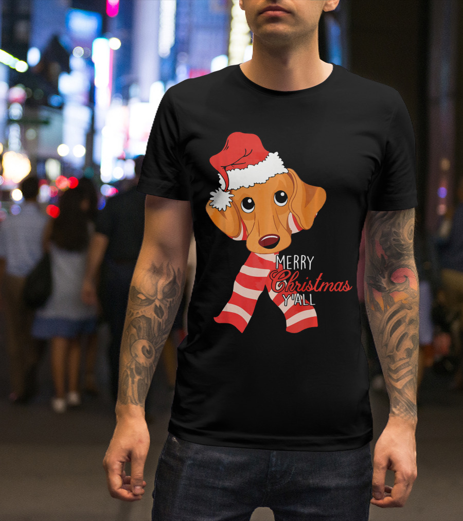 Merry Christmas Y'all Dachshund Dog Wearing Santa Hat And Striped Scarf T-Shirt