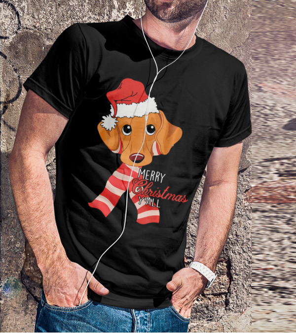 Merry Christmas Y'all Dachshund Dog Wearing Santa Hat And Striped Scarf T-Shirt