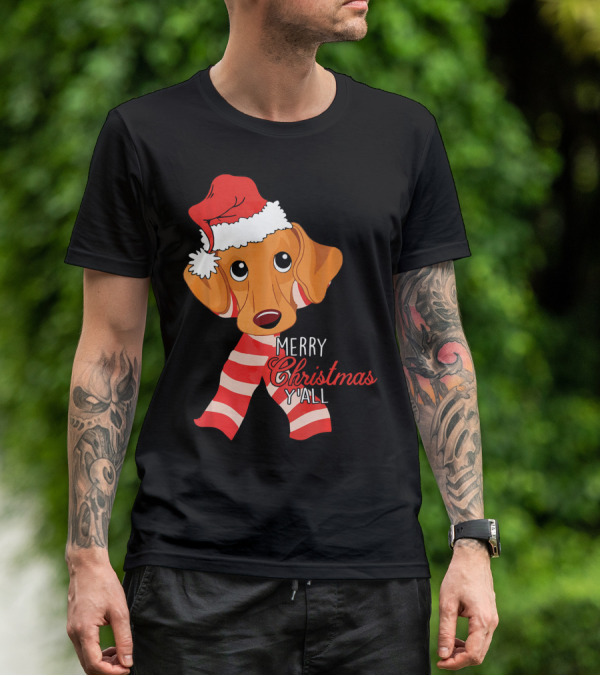 Merry Christmas Y'all Dachshund Dog Wearing Santa Hat And Striped Scarf T-Shirt