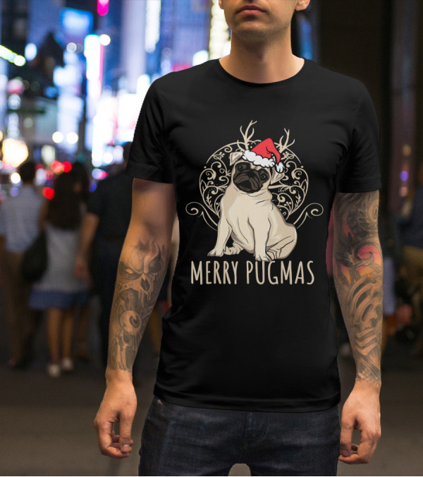 Merry Pugmas Funny Pug With Santa Hat And Antlers T-Shirt
