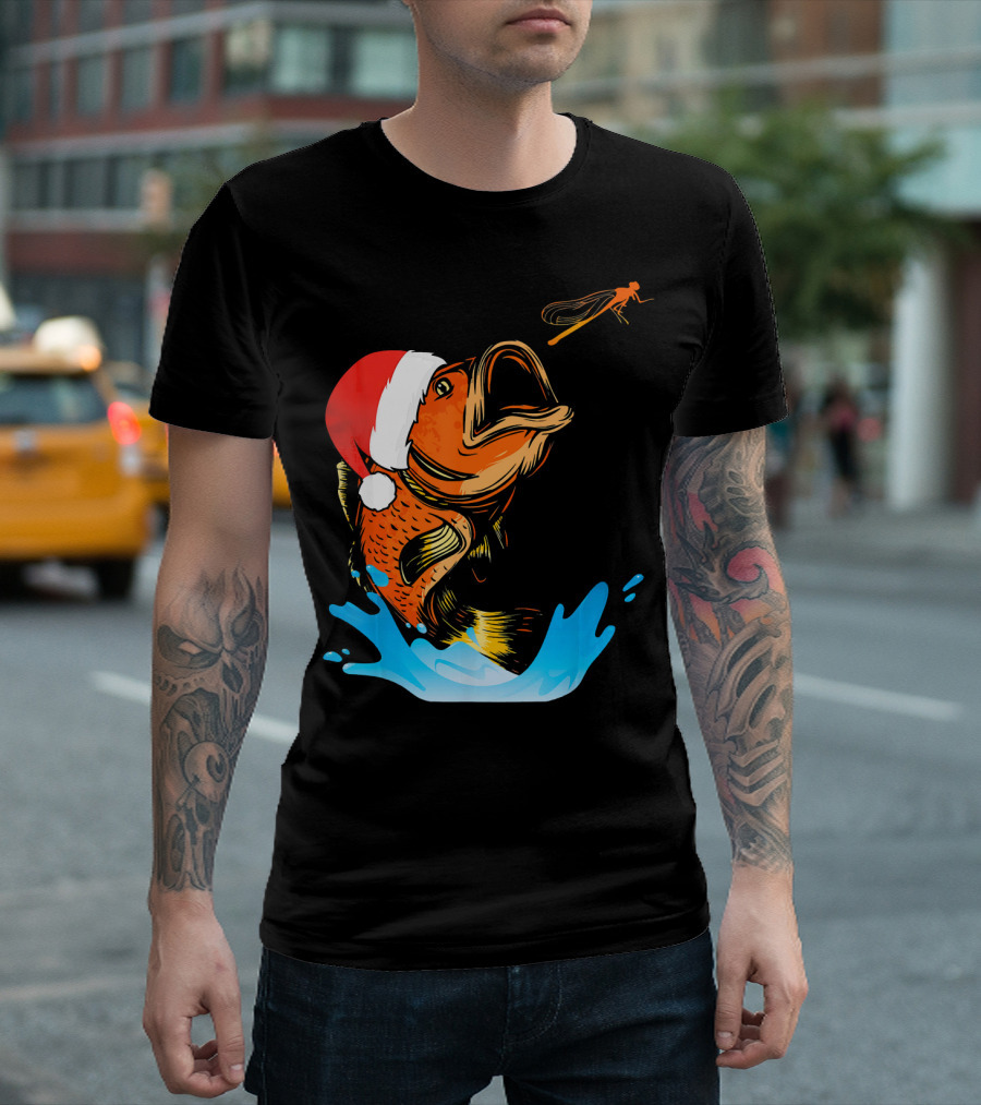 Bass Fishing Santa Hat Splashing Christmas Fish T-Shirt