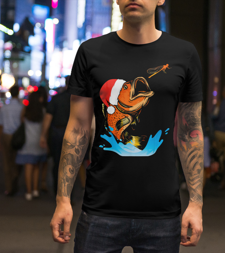 Bass Fishing Santa Hat Splashing Christmas Fish T-Shirt