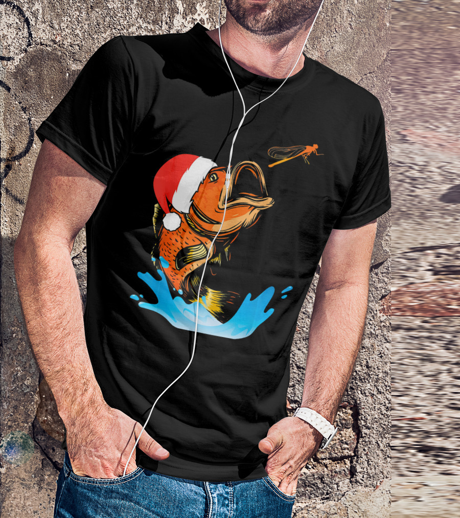 Bass Fishing Santa Hat Splashing Christmas Fish T-Shirt