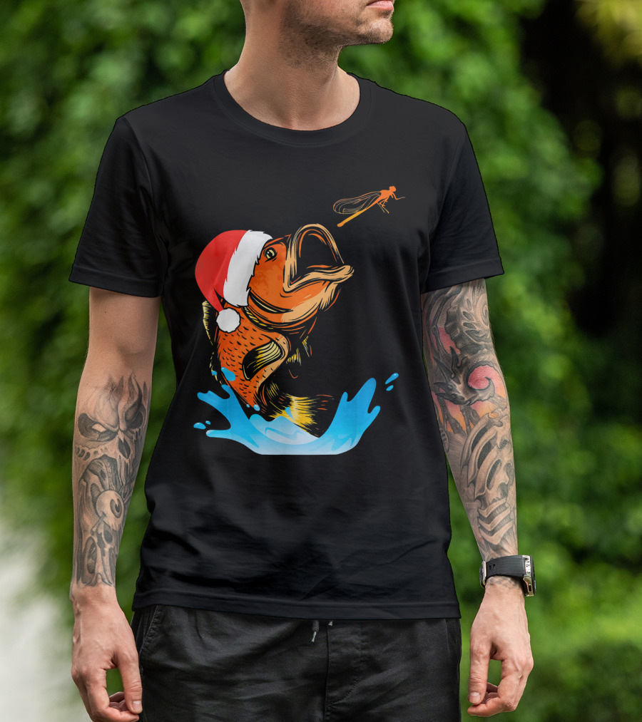 Bass Fishing Santa Hat Splashing Christmas Fish T-Shirt