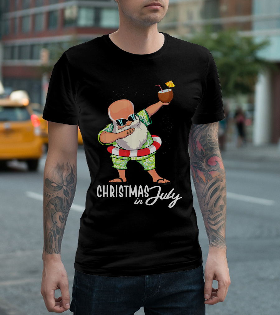 Dabbing Santa Christmas in July Coconut Drink Sunglasses Summer Fun T-Shirt