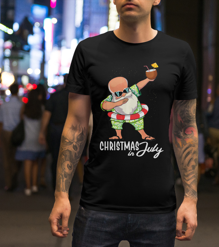 Dabbing Santa Christmas In July Coconut Drink Sunglasses Summer Fun T-Shirt