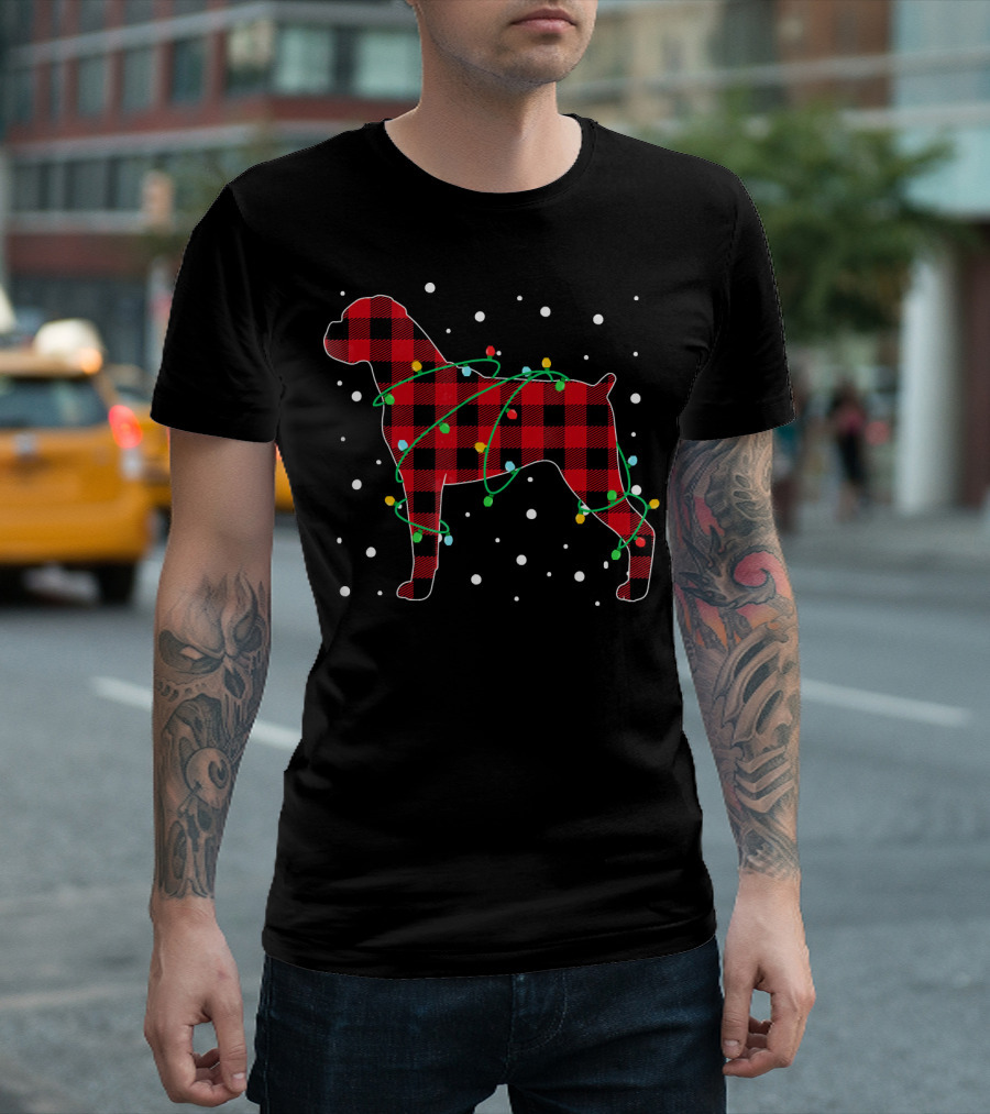 Red Plaid Boxer with Christmas Lights and Snowflakes T-Shirt