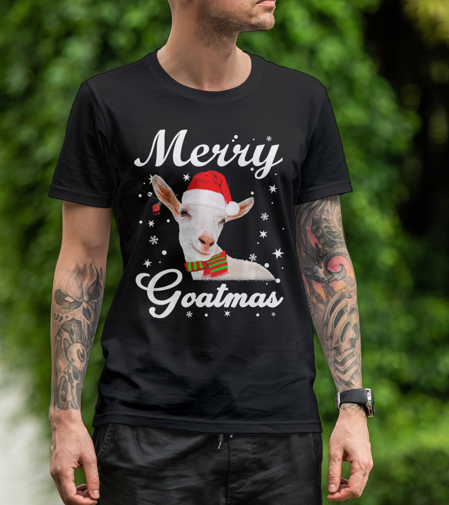 Merry Goatmas Santa Hat Snowflakes Festive Goat T-Shirt