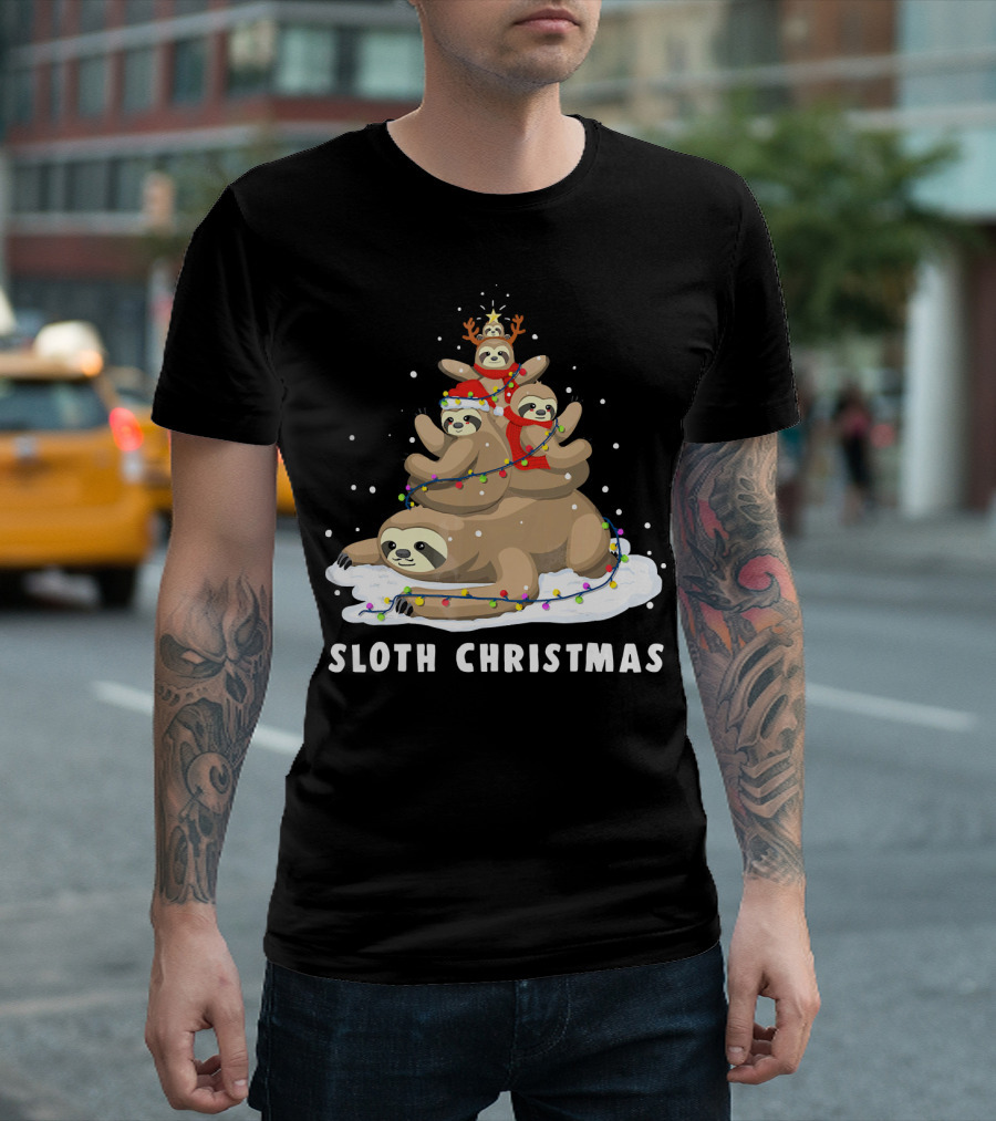 Sloth Christmas Tree With Reindeer And Santa Hats T-Shirt