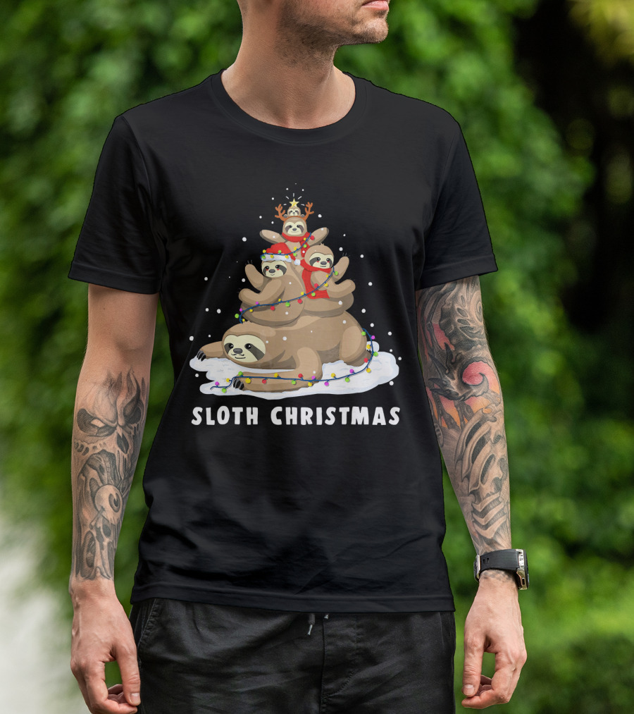 Sloth Christmas Tree With Reindeer And Santa Hats T-Shirt