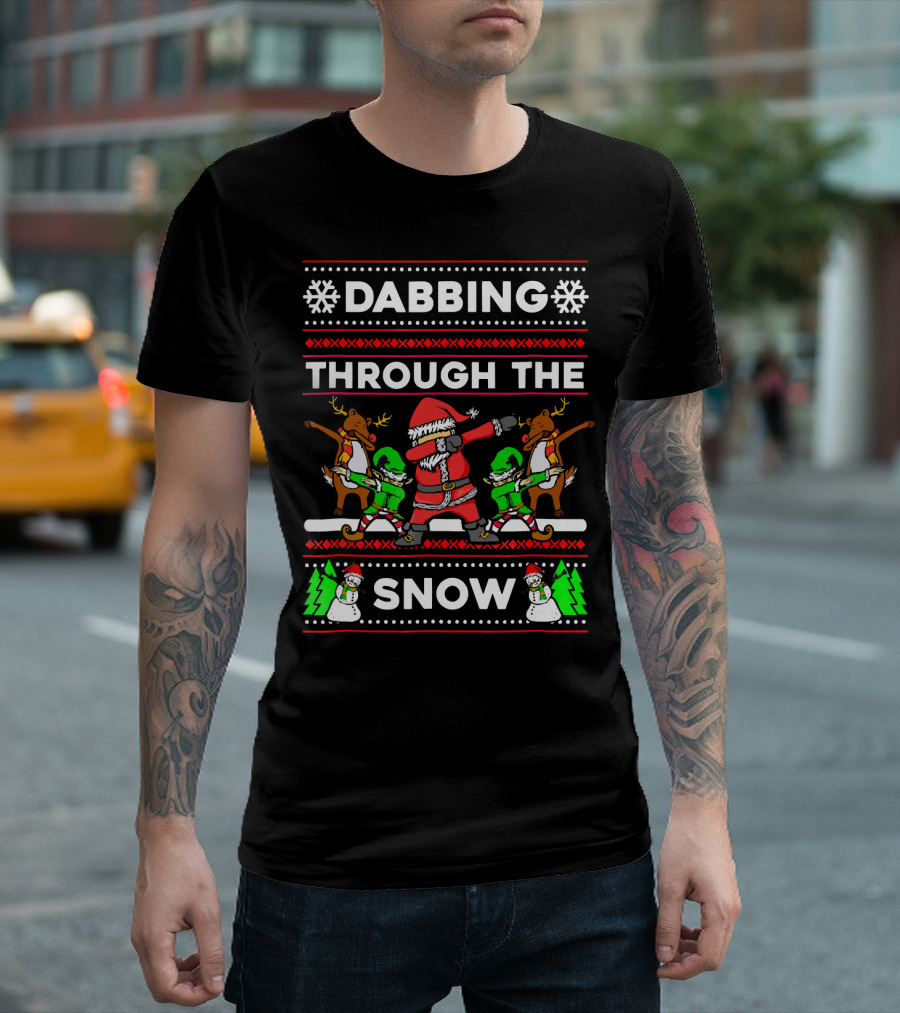 Dabbing Through The Snow Funny Santa Christmas with Reindeer and Elves T-Shirt