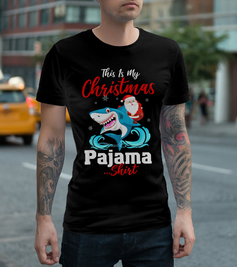 This Is My Christmas Pajama Shirt Santa Riding Shark T-Shirt