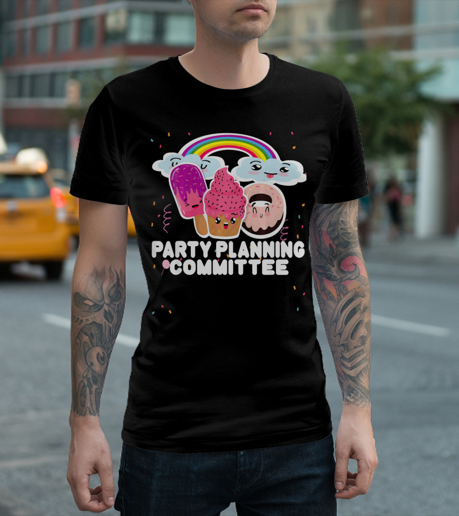 Party Planning Committee Ice Cream Donut Rainbow Clouds Fun T-Shirt
