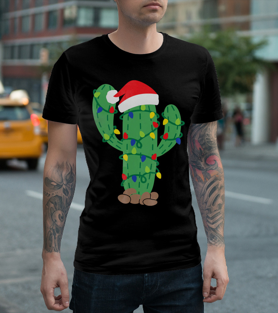 Feliz Navidad Christmas Cactus Santa Hat Holiday Lights T-Shirt