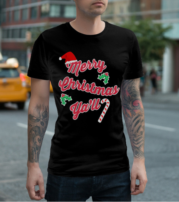 Merry Christmas Y'all Santa Hat Holly Candy Cane T-Shirt