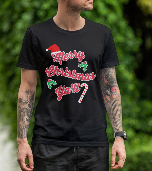 Merry Christmas Y'all Santa Hat Holly Candy Cane T-Shirt