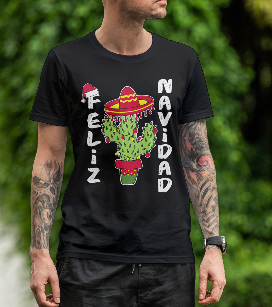 Feliz Navidad Cactus With Santa Hat And Sombrero Holiday Spirit T-Shirt