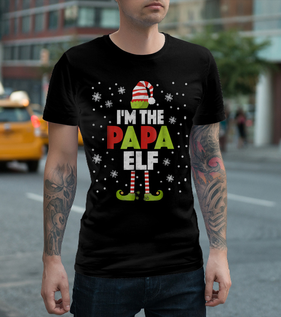 I'm The Papa Elf Christmas Snowflakes Stripe Hat and Boots T-Shirt