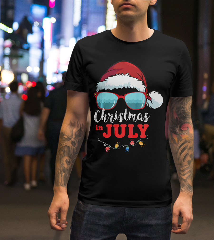 Santa Hat Sunglasses Christmas In July Holiday Lights T-Shirt