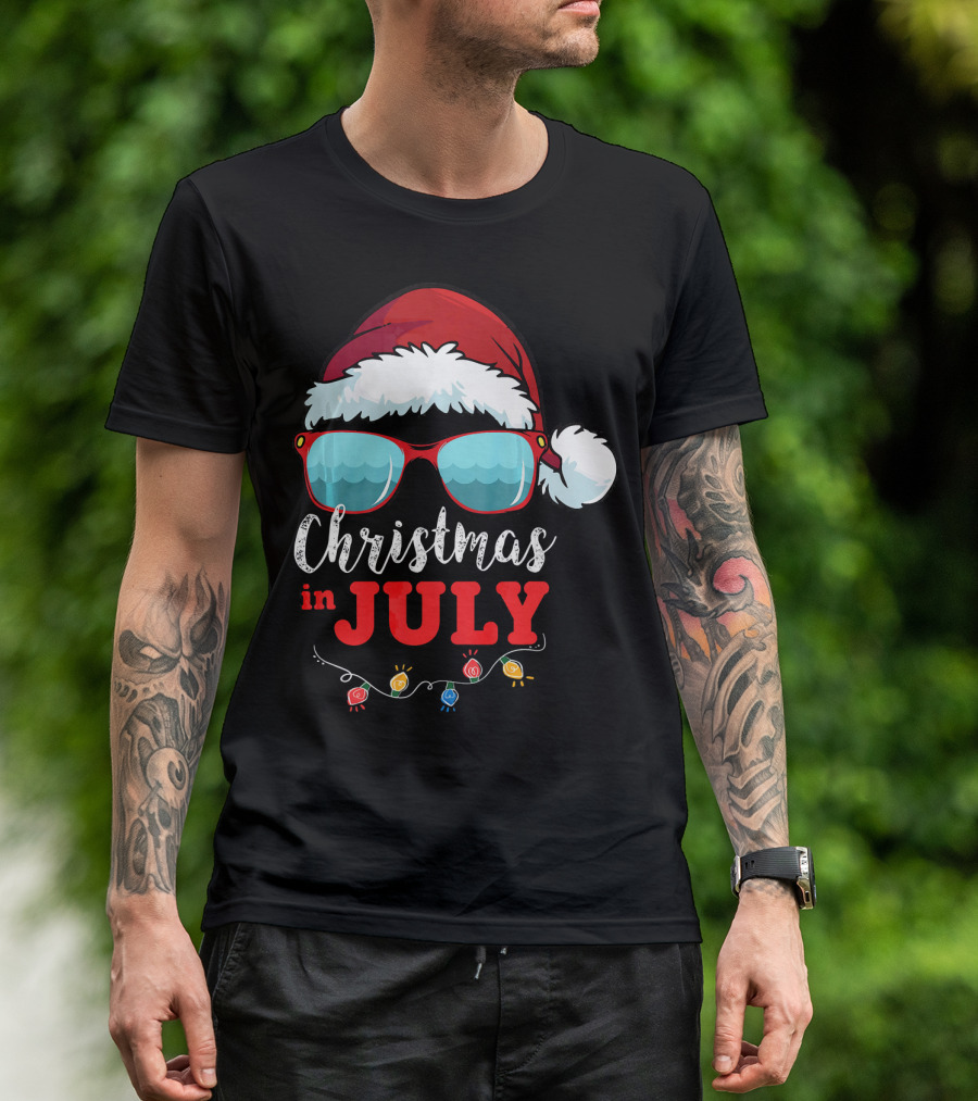 Santa Hat Sunglasses Christmas In July Holiday Lights T-Shirt