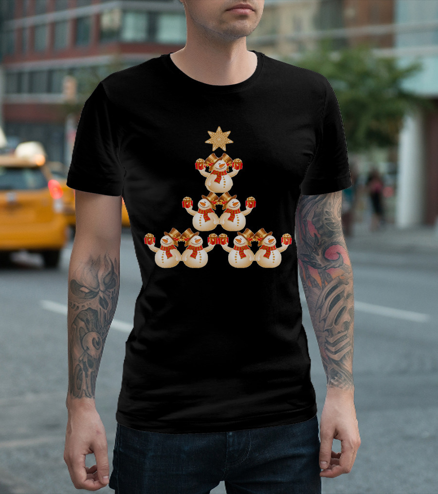 Snowman Pyramid Christmas Tree With Star And Red Gift Boxes T-Shirt