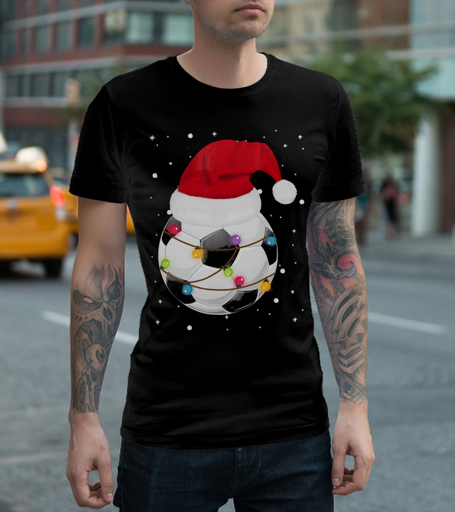 Santa Hat Soccer Ball Wrapped In Christmas Lights With Falling Snow T-Shirt