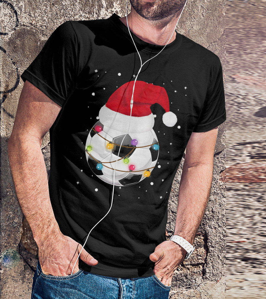 Santa Hat Soccer Ball Wrapped In Christmas Lights With Falling Snow T-Shirt