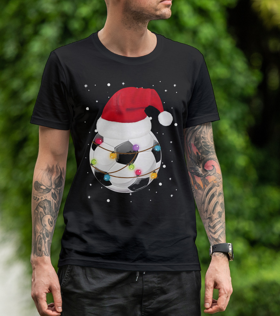 Santa Hat Soccer Ball Wrapped In Christmas Lights With Falling Snow T-Shirt