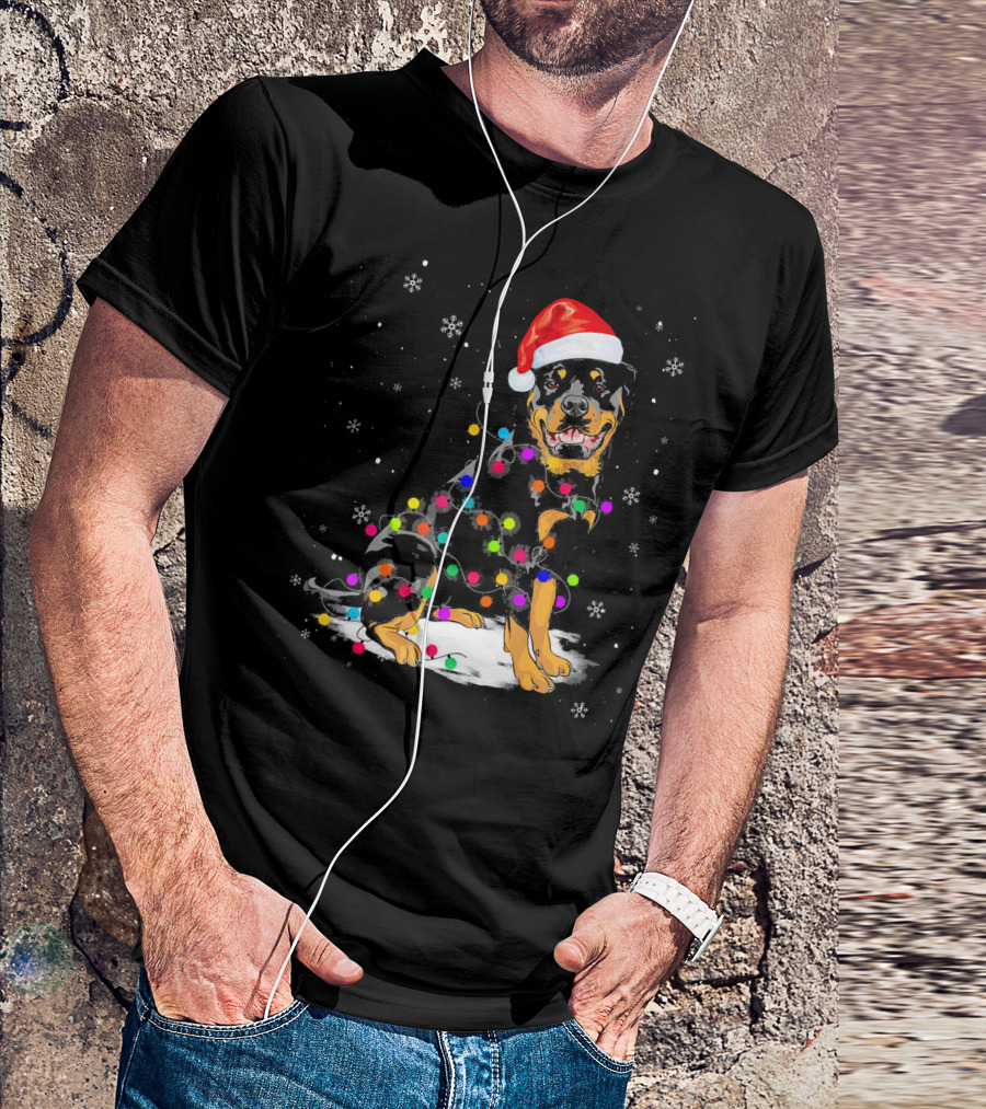 Rottweiler With Santa Hat And Colorful Christmas Lights In Snowy Scene T-Shirt