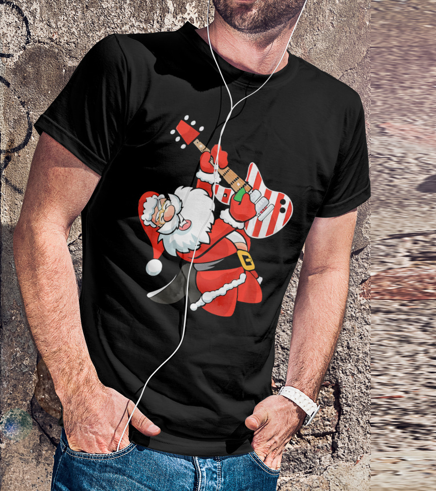 Santa Guitar Player Christmas Music Vintage Rock Holiday T-Shirt