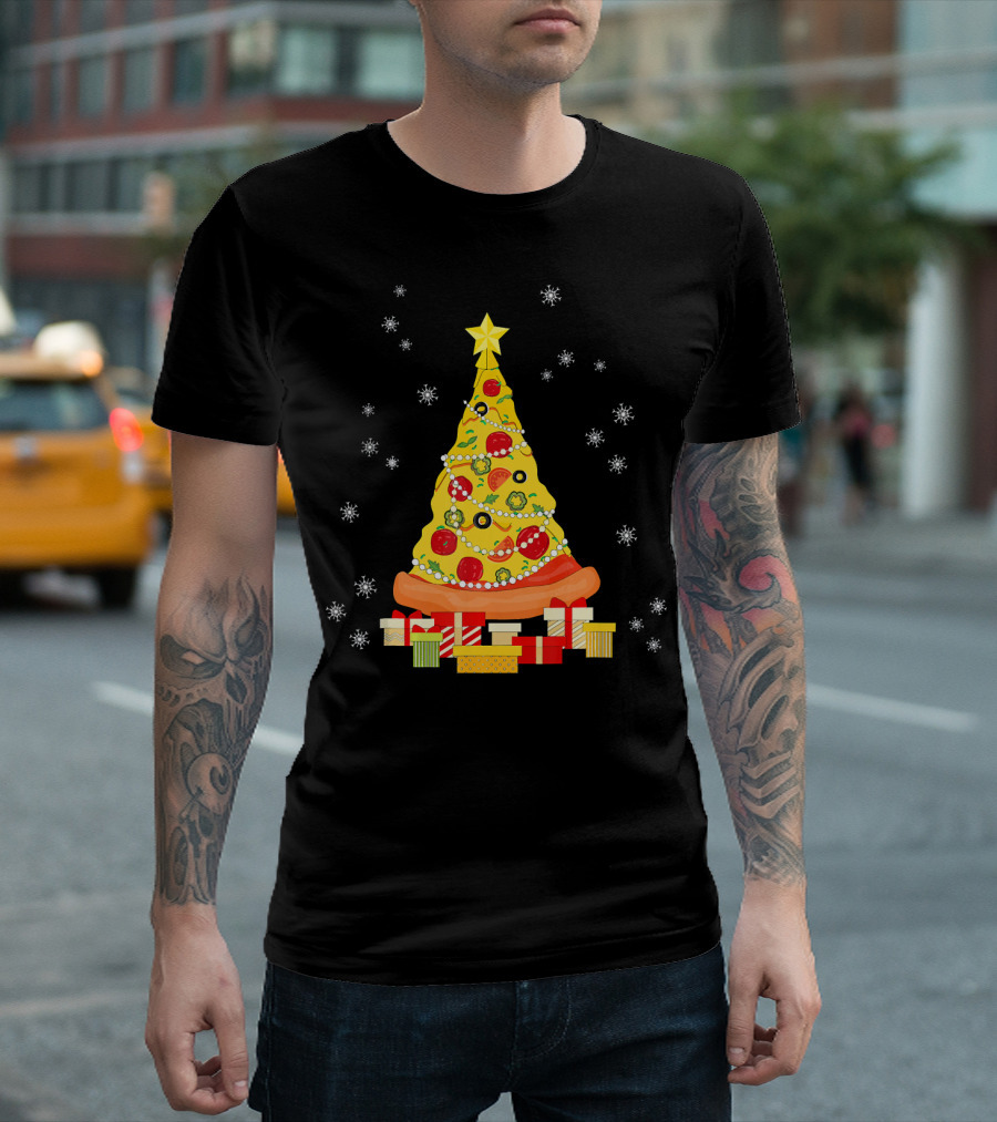 Christmas Tree Pizza with Snowflakes and Gifts T-Shirt