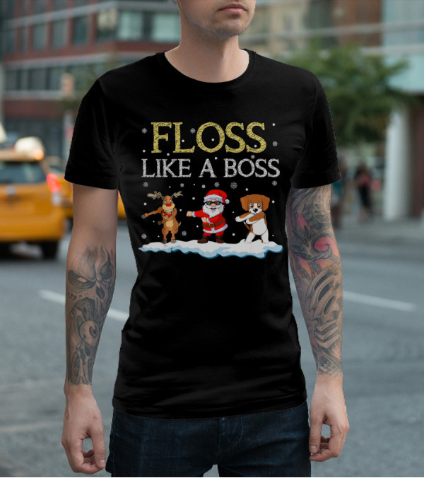 Floss Like A Boss Dancing Santa Beagle Reindeer Christmas T-Shirt
