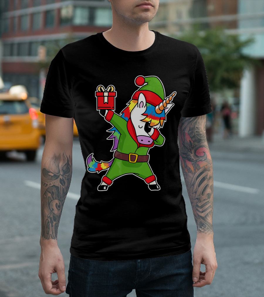 Christmas Dabbing Unicorn Elf with Rainbow Mane and Gift Box T-Shirt