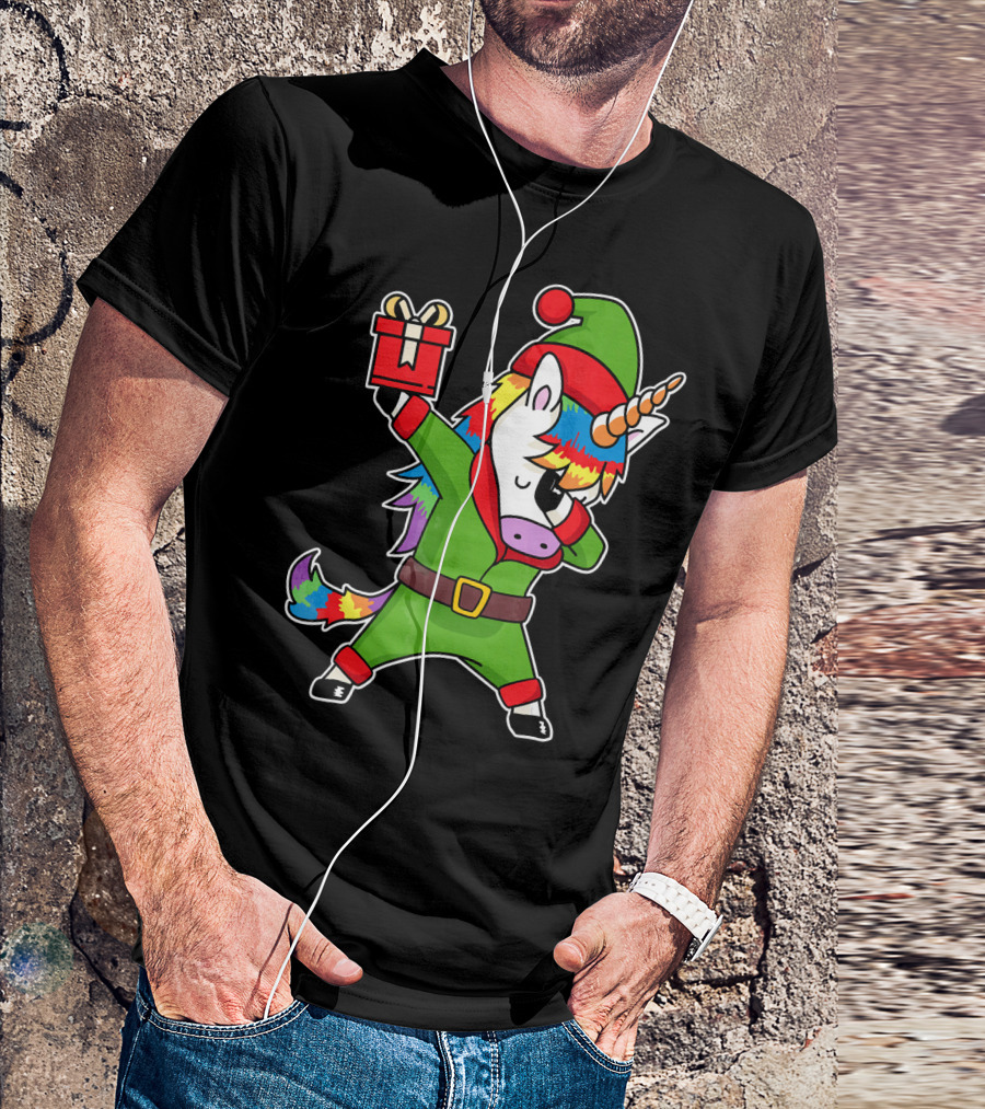 Christmas Dabbing Unicorn Elf With Rainbow Mane And Gift Box T-Shirt