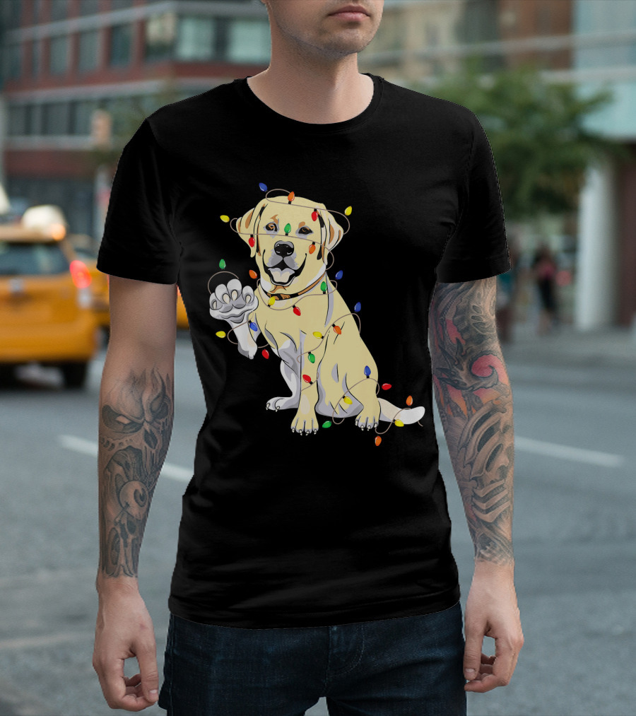 Labrador Retriever Wrapped in Christmas Lights with My Festive Lab T-Shirt