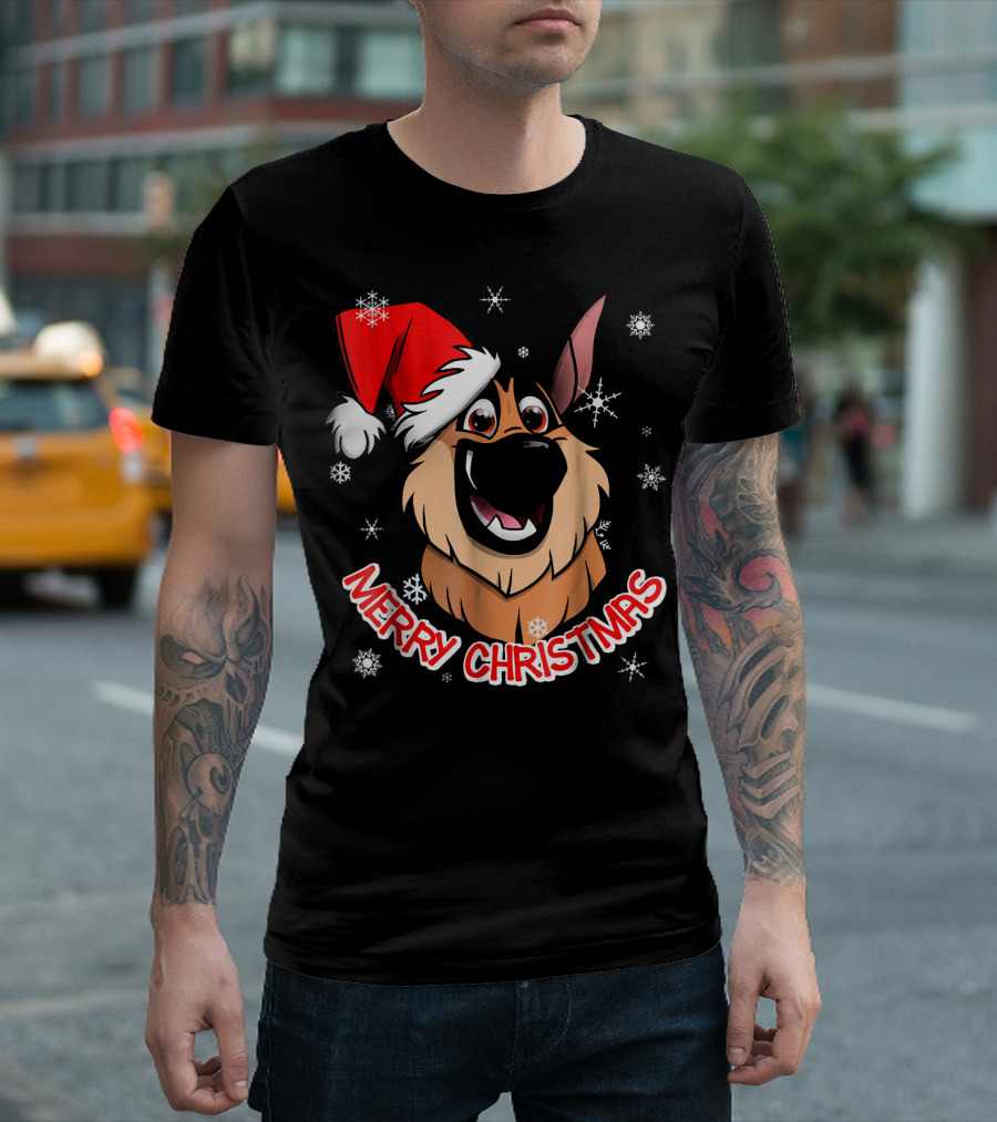 Merry Christmas GSD Smiling Santa Hat Snowflakes T-Shirt